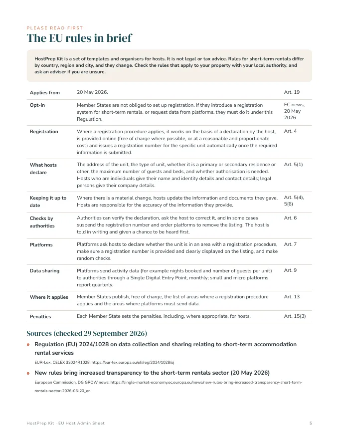 Inside pages of the EU Host Admin Sheet