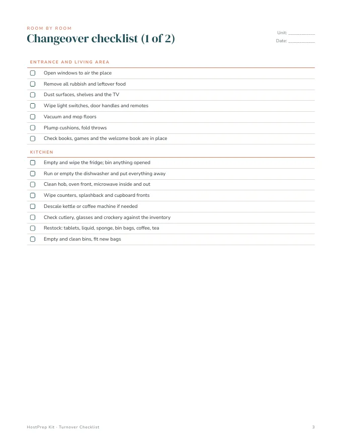 Inside pages of the Turnover Checklist and Inventory Tracker