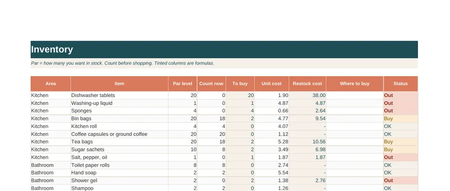 Inventory tab of the Turnover Checklist and Inventory Tracker spreadsheet