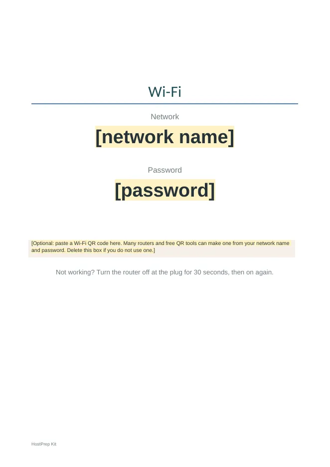 Wifi sign from the Guest Welcome Book Pack